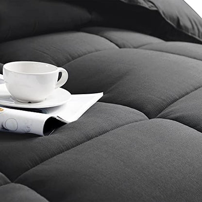 BEDHOURS Queen Comforter Set-3 Pieces Down Alternative Queen Size-All Season Reversible Comforter with 2 Pillow Shams-Corner Tabs Machine Washable (Dark Grey Queen)
