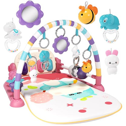 Jovow Baby Gym with Kick and Play Piano,Baby Play Mat Tummy Time Baby Activity Gym Mat with 5 Infant Learning Sensory for Baby, Music and Lights Boy or Girl Gifts for Newborn（Pink）