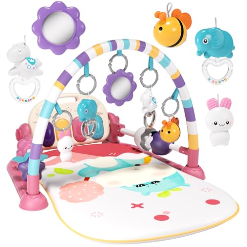 Jovow Baby Gym with Kick and Play Piano,Baby Play Mat Tummy Time Baby Activity Gym Mat with 5 Infant Learning Sensory for Baby, Music and Lights Boy or Girl Gifts for Newborn（Pink）