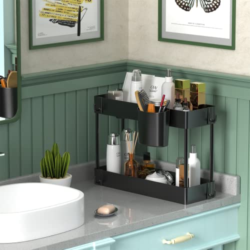 Warmodern 3 Pack Bathroom Organizer Under Sink,2 Tier Bathroom Cabinet Organizer, Bathroom Organizer Under Sink Baskets with 24 Hooks and 6 Hanging Cups, Multifunction Under Cabinet Storage