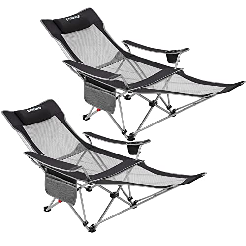 FUNDANGO 2-Pack Reclining Camping Chair with Foot Rest, Portable Mesh Folding Lounge Chairs, Adjustable Chaise Lawn Chair with Headrest, Cup Holder, Storage Bag, for Outdoor Picnics BBQ
