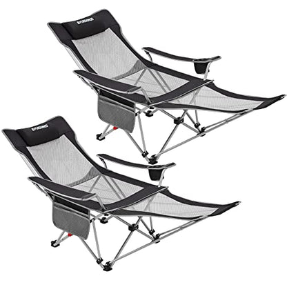 FUNDANGO 2-Pack Reclining Camping Chair with Foot Rest, Portable Mesh Folding Lounge Chairs, Adjustable Chaise Lawn Chair with Headrest, Cup Holder, Storage Bag, for Outdoor Picnics BBQ