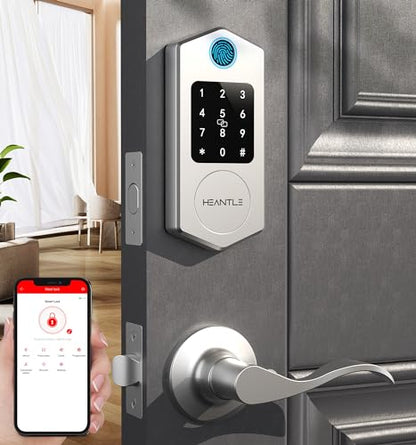 HEANTLE Smart Front Door Lock Set, 8-in-1 Fingerprint Keyless Entry Door Lock with App Control, Electronic Touchscreen Keypad Deadbolt with 2 Lever Handles, Auto Lock,Easy Installation, Silver