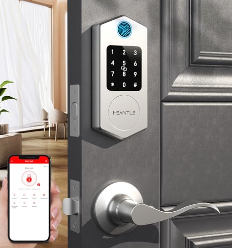 HEANTLE Smart Front Door Lock Set, 8-in-1 Fingerprint Keyless Entry Door Lock with App Control, Electronic Touchscreen Keypad Deadbolt with 2 Lever Handles, Auto Lock,Easy Installation, Silver