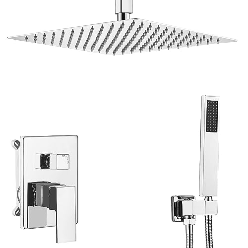 Heable ‎Polished Chrome Shower System Bathroom 12 Inch Rain Shower Head Ceiling Mount with Handheld Luxury High Pressure Shower Combo Set Shower Faucet Rough-in Valve Body and Trim Included
