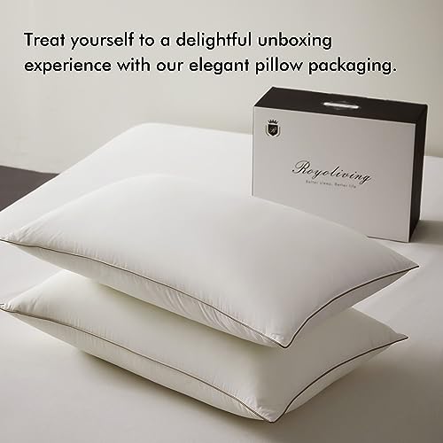 Royoliving Premium Feather Down Bed Pillows for Sleeping Standard Size Pack of 2-100% Cotton Fabric, Medium Firm, Soft Support Surround (White, Standard)
