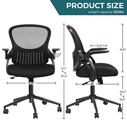 Home Office Chair Ergonomic Desk Chair Mesh Computer Chair Modern Height Adjustable Swivel Chair with Lumbar Support/Flip-up Arms, Black