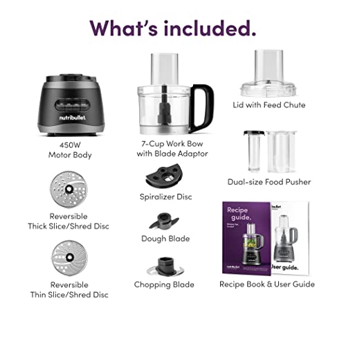 nutribullet NBP50100 Food Processor 450-Watts with 7-Cup Capacity and Stainless Steel Slice, Shred, Chop and Dough Attachments, Black