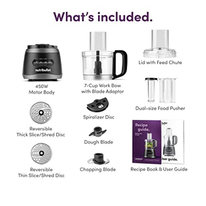 nutribullet NBP50100 Food Processor 450-Watts with 7-Cup Capacity and Stainless Steel Slice, Shred, Chop and Dough Attachments, Black