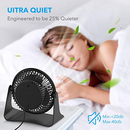 BESKAR USB Small Desk Fan, Portable Fans with 3 Speeds Strong Airflow, Quiet Operation and 360°Rotate, Personal Table Fan for Home,Office, Bedroom - 3.9 ft Cord