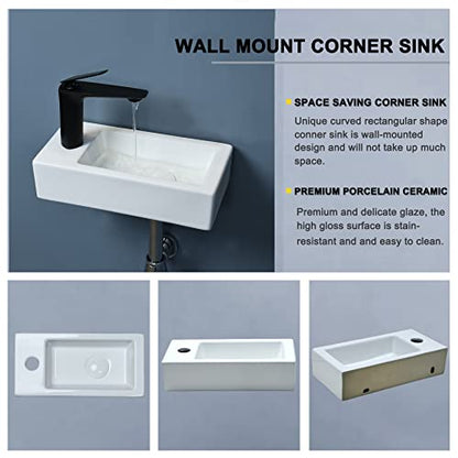 bathivy 15"x7.5" Wall Mount Corner Bathroom Sink with Pop-up Drain & Installation Kits, Rectangular White Ceramic Vessel Sink, Wall Hung Mini Floating Sink, Small Corner Sink for Bathrooms (Left Hand)