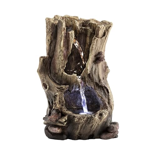 Alpine Corporation WIN326 Indoor Tabletop Light-Up Tiered Rainforest Tree Trunk Water Fountain with LED Lights, 11", Brown