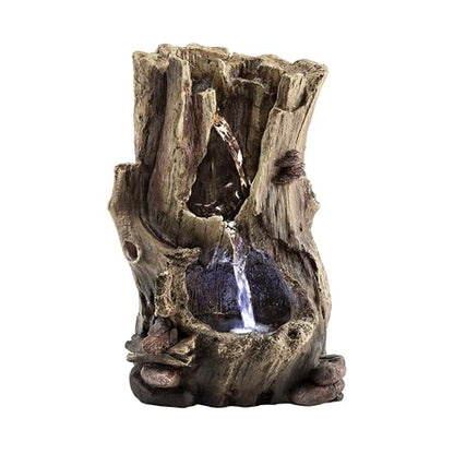Alpine Corporation WIN326 Indoor Tabletop Light-Up Tiered Rainforest Tree Trunk Water Fountain with LED Lights, 11", Brown