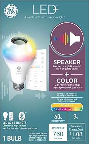 GE Lighting LED+ Color Changing Speaker LED Light Bulb with Remote, Multicolor + Soft White, A21 Standard Bulb