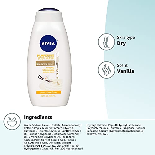 NIVEA Vanilla and Sweet Cream Pampering Body Wash with Nourishing Serum, 20 Fl Oz Bottle 3 BOTTLES!