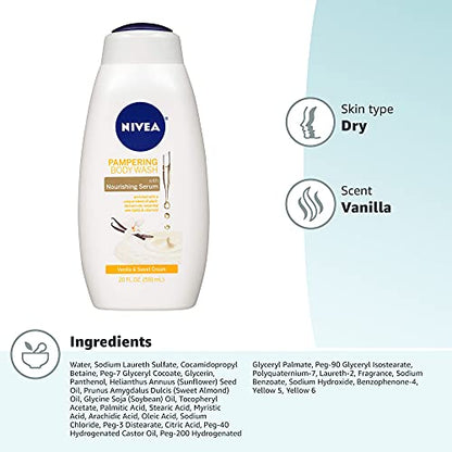 NIVEA Vanilla and Sweet Cream Pampering Body Wash with Nourishing Serum, 20 Fl Oz Bottle 3 BOTTLES!