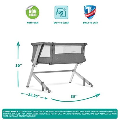 Dream On Me Skylar Bassinet and Bedside Sleeper in Grey, Lightweight and Portable Baby Bassinet, Five Position Adjustable Height, Easy to Fold and Carry Travel Bassinet, JPMA Certified