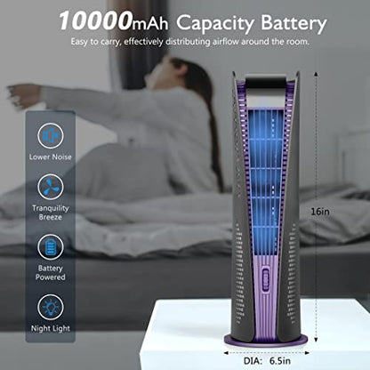 SISMEL Bladeless Tower Fan for Home, 10000mAh Battery Operated Portable Fan with 3 Speeds, Timer, Night Light, LED Display, 16" Small Quiet Oscillating Desk Fan for Bedroom, Office, Camping (Grey)