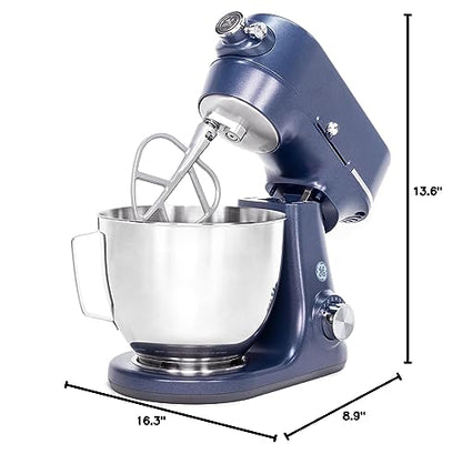 GE Tilt-Head Electric Stand Mixer | 7-Speed, 350-Watt Motor | Includes 5.3-Quart Bowl, Flat Beater, Dough Hook, Wire Whisk & Pouring Shield | Countertop Kitchen Essentials | Sapphire Blue