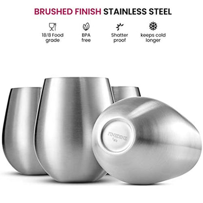 Stainless Steel Unbreakable Wine Glasses - 18 Ounce Set of 4 Wineglasses. Premium-Grade 18/8 Stainless Steel Red & White Stemless Wineglasses set, Portable Wine Tumbler, for Outdoor Events, Picnics