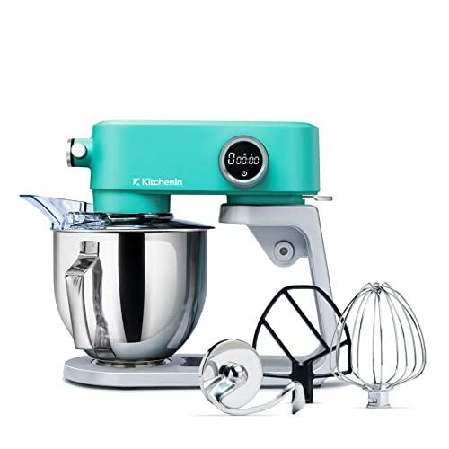All Metal Stand Mixer,Kitchenin 5.3-Quart 8-Speeds Tilt-Head Food Mixer,400 Watt DC Motor Electric Stand Mixer with 12-Wire Whip,Flat Beater,Stainless Steel Dough Hook & Pouring Shield,Light Blue
