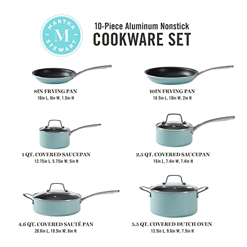 Martha Stewart Lockton Premium Nonstick 10 Piece Enamel Heavy Gauge Aluminum Pots and Pans Cookware Set - Martha Blue