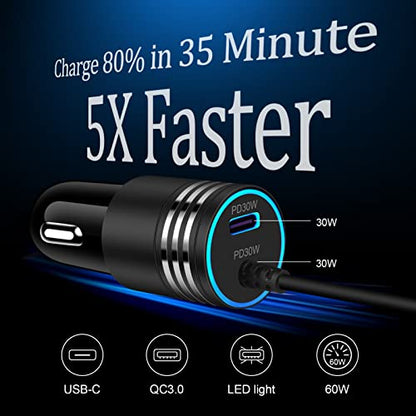 Android 60W USB Type C Car Charger Adapter Plug Fast Charging for Samsung Galaxy S23 Ultra/S23+/A14 5G/A54/A34/S22 Ultra/A13/A53/A23/A03S/A12, Type C Car Cigarette Lighter USB Charger USB C Cable 3FT