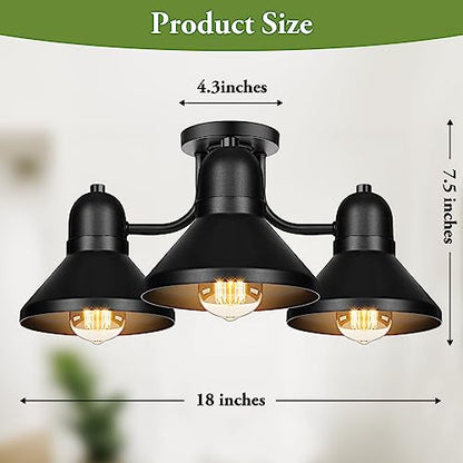 Farmhouse Semi Flush Mount Ceiling Light Fixture, Matte Black Metal Kitchen Light Fixture, 3-Light Industrial Ceiling Lamp, E26 Rustic Chandelier for Living Room Bedroom Dining Room Entryway Hallway