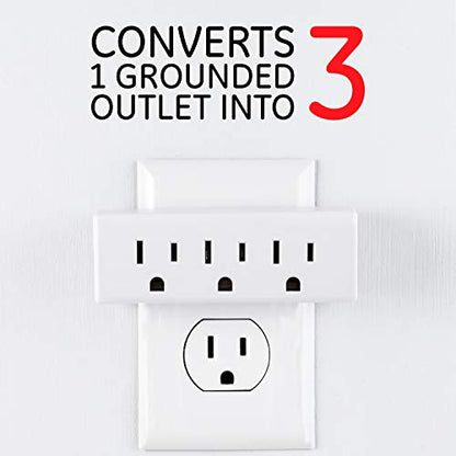 GE home electrical 3-Outlet Extender Wall Tap, Grounded Adapter Plug, Indoor Rated, 3-Prong, Perfect for Travel, UL Listed, White, 52203