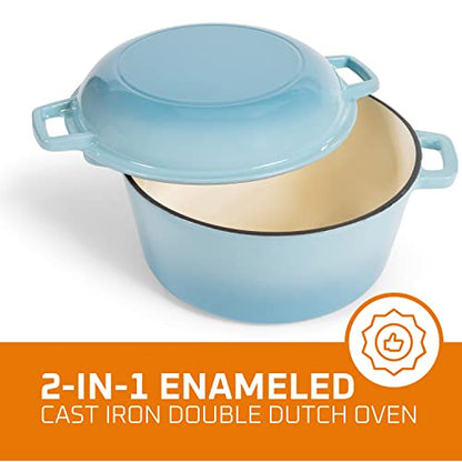Bruntmor 2-in-1 Enamel Cast Iron Dutch Oven With Handles - Crock Pot Sky Blue Cast Iron pot with Skillet lid - All-in-One Cookware Braising Pan for Casserole Dish - 5 Quart, Sky Blue