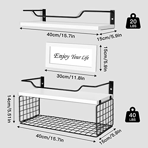 Floating Shelves, Bathroom Shelves with Metal Guardrail Shelves for Wall Decor Set of 3, Rustic Wood Wall Shelves for Bathroom,Bedroom, Living Room, Kitchen, Plants (White)