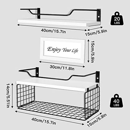 Floating Shelves, Bathroom Shelves with Metal Guardrail Shelves for Wall Decor Set of 3, Rustic Wood Wall Shelves for Bathroom,Bedroom, Living Room, Kitchen, Plants (White)