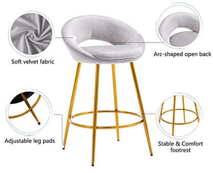 CIMOTA Velvet Grey Bar Stools Set of 2 Modern Barstools 26 Inch Counter Stool Chairs with Open Back/Gold Base Kitchen Stools for Island/Home Bar/Dining Room/Kitchen