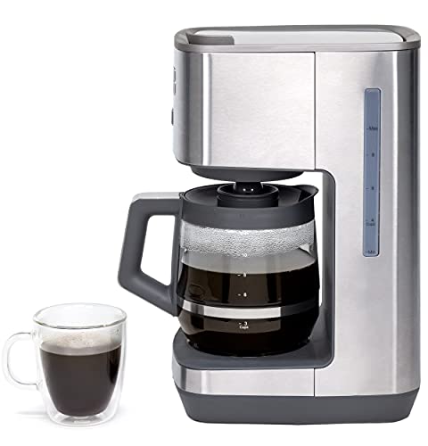 GE Drip Coffee Maker With Timer | 12-Cup Glass Carafe Coffee Pot With Warming Plate | Adjustable Brew Strength | Wide Shower Head for Maximum Flavor | Kitchen Essentials | Stainless Steel