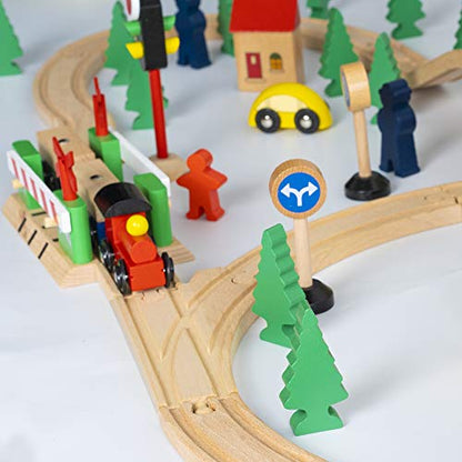 FUNPENY 60 Pcs Colorful Wooden Train and Track Sets,Train Railway Sets Toys for 3+ Years Kids,Boys,Girls Deluxe Holiday Gifts