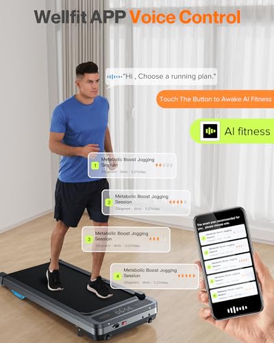Under Desk Walking Pad Treadmill: [Voice Controlled] Smart Incline Treadmill Works with ZWIFT KINOMAP WELLFIT APP for Home Office - 265Lbs Capacity Quiet Treadmills with LED Screen Remote Control