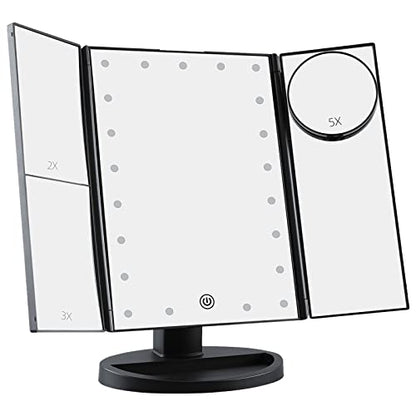 Essbhach 21LED Lighted Vanity Makeup Mirror, 4 Magnifications and Touch Screen Dimming,180° Rotation Trifold Cosmetic Mirror with Dual Power and Adjustable Brightness, Gift for Mothers Day