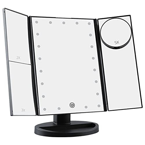 Essbhach 21LED Lighted Vanity Makeup Mirror, 4 Magnifications and Touch Screen Dimming,180° Rotation Trifold Cosmetic Mirror with Dual Power and Adjustable Brightness, Gift for Mothers Day