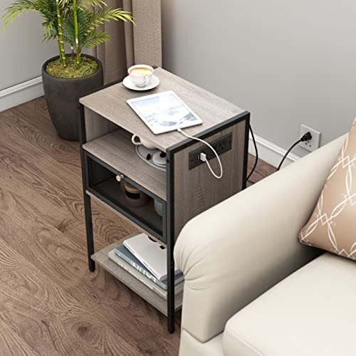SOOWERY Nightstand with Charging Station, End Table with USB Ports and Outlets, Bedside Tables with Storage Space and Door, for Bedroom, Living Room, Greige