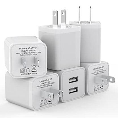 6Pack USB Wall Charger, iGENJUN 2.4A Phone Charger Dual USB Port Cube Power Plug Adapter Fast Wall Charger Block Compatible with iPhone 14/14 Pro/13/13 Pro, Samsung Galaxy, Pixel, LG, Android-White