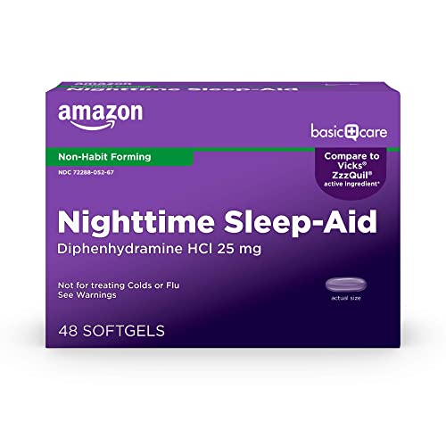 Amazon Basic Care Sleeptime Nighttime Sleep-Aid Softgels, Diphenhydramine HCl 25 mg, Relieves Occasional Sleeplessness, 48 Count
