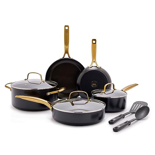 Blue Diamond Gold 10 Piece Cookware Set,Ceramic Nonstick, PFOA Free, Induction Suitable, Dishwasher Safe, Gold Handle, Black