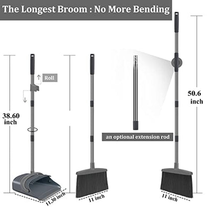 Broom and Dustpan Set, Broom Dust pan, Dustpan with Long Handle, Broom with Dustpan, Broom and Dustpan Set for Home, Dustpan Comb, Broom with Dustpan Indoor or Outdoor Broom(Deep Gray&Light Gray)