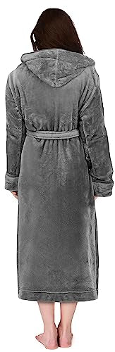 NY Threads Womens Fleece Hooded Bath Robe - Plush Long Robe, Steel Grey, Medium