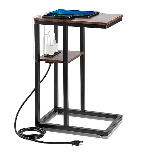 HXXUYY C End Table with Charging Station, Small Side Table for Small Spaces Bedside Table with with USB Ports&Outlets, Narrow Side Table Skinny Nightstand for Living Room/Bedroom/Couch