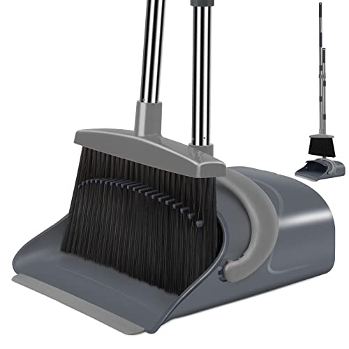 Broom and Dustpan Set, Broom Dust pan, Dustpan with Long Handle, Broom with Dustpan, Broom and Dustpan Set for Home, Dustpan Comb, Broom with Dustpan Indoor or Outdoor Broom(Deep Gray&Light Gray)