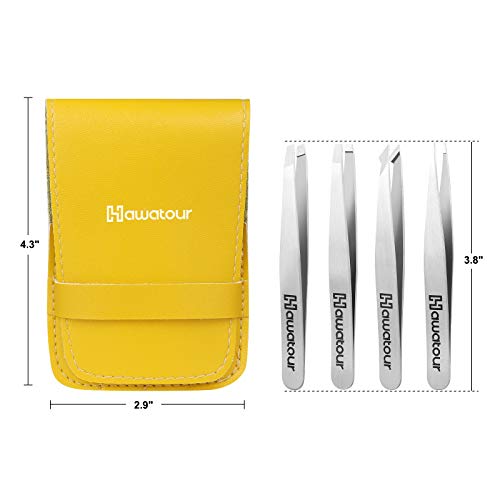 Tweezers Set, 4Pcs Eyebrows Tweezers and a Pair of Scissor with Leather Case, Great Precision for Eyebrow, Ingrown Hair, Splinter, Facial Hair Removal By HAWATOUR, Silver