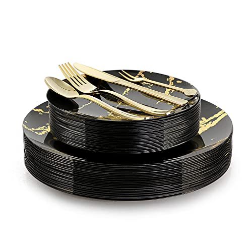 N9R 225pcs Black Gold Plastic Plates, Disposable Dinnerware Set Include 25 Dinner Plates, 25 Dessert Plates, 25 Gold Plastic Silverware, 25 Mini Forks, Gold Cups, Napkins and Table Cards for Party
