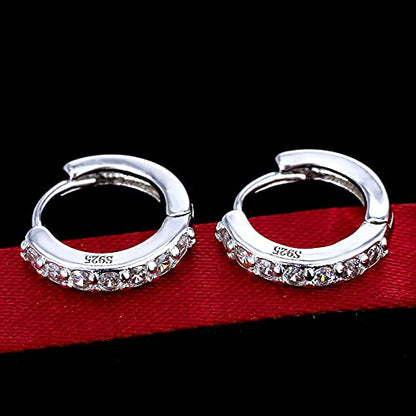 Silver Huggie Hoop Earrings, 925 Sterling Silver 14K Gold Plated Cubic Zirconia Cuff Earrings for Women Girls, Sparkle Hypoallergenic 13mm Small Cartilage Piercing Stud- Silver