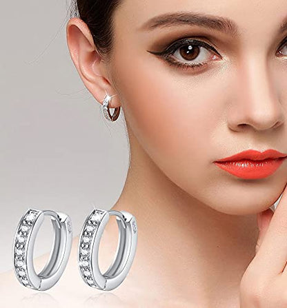 Silver Huggie Hoop Earrings, 925 Sterling Silver 14K Gold Plated Cubic Zirconia Cuff Earrings for Women Girls, Sparkle Hypoallergenic 13mm Small Cartilage Piercing Stud- Silver